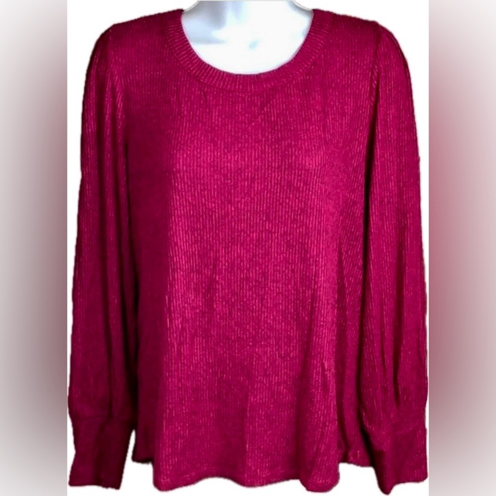 Maurices L Rayon Top Poet Sleeve Blouse Raspberry Pink Soft Stretchy Ribbed EUC